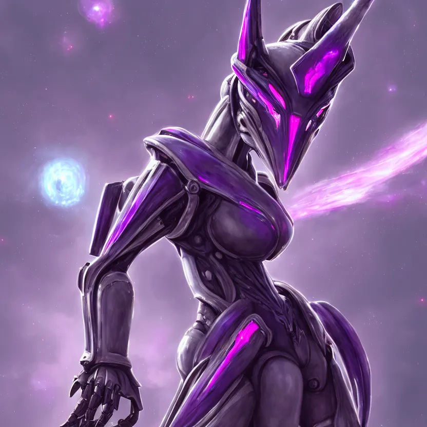 Prompt: cinematic front shot, cosmic sized proportional stunning beautiful hot female warframe, detailed robot mecha female dragon head, metal ears purple eyes, sleek silver armor, fuschia skin, floating in empty space, nebula sized, posing elegantly, epic proportions, epic size, epic scale, furry art, dragon art, giantess art, warframe fanart, furaffinity, deviantart