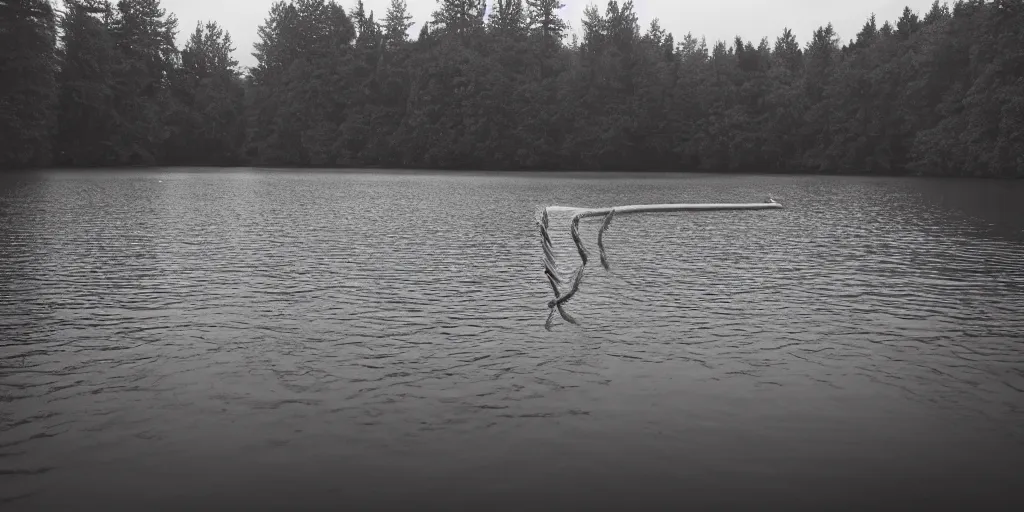 Image similar to symmetrical photograph of an infinitely long rope submerged on the surface of the water, the rope is snaking from the foreground towards the center of the lake, a dark lake on a cloudy day, trees in the background, moody scene, anamorphic lens