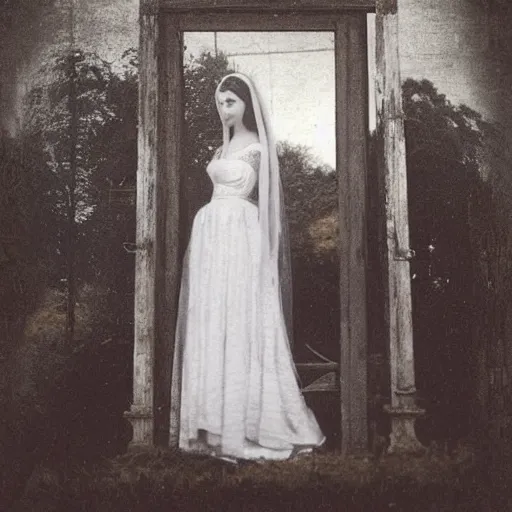 Prompt: picture of ghostly bride in front of an old wooden white church, 1 9 th century southern gothic scene, made by chausheva, katia