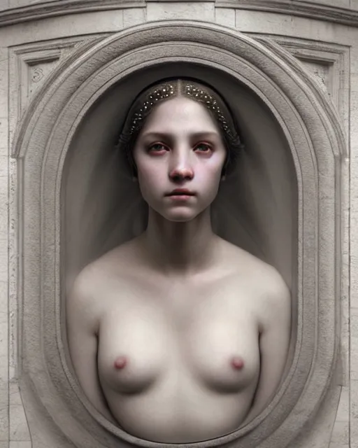 Image similar to dreamy, monochrome, subsurface scattering, white, young beautiful goddess in cosmos, octane render, dino valls, mark ryden, highly detailed, rim light, art, cinematic lighting, very coherent, hyper realism, 8 k