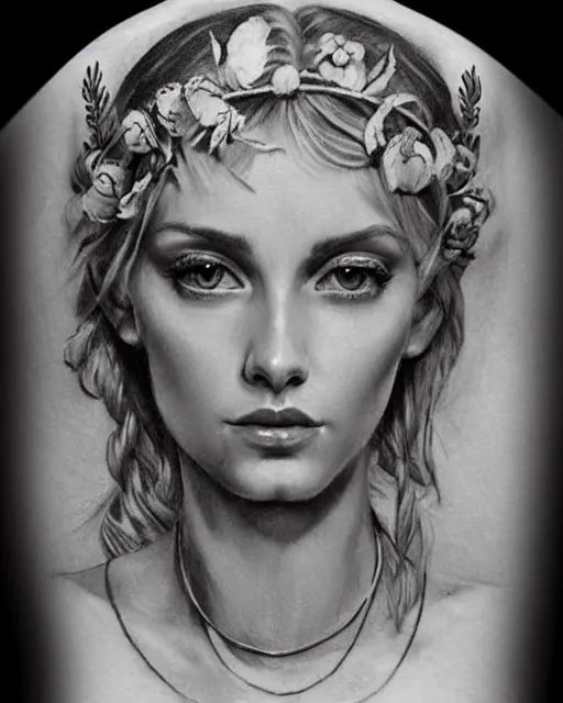 Image similar to realism tattoo sketch of a beautiful blonde woman as a beautiful greek goddess aphrodite with piercing eyes wearing a laurel wreath and triangle earrings, in the style of greg rutkowski, amazing detail