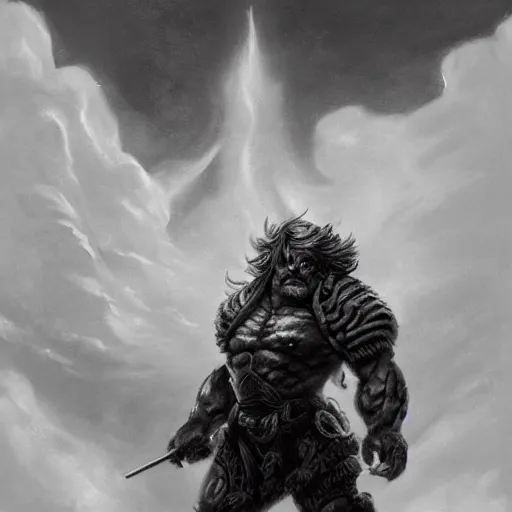 Image similar to By Boris Vallejo, ultra realist 3d soft paint of Yves the small muscled dwarf fully armored during an epic scene, symmetry accurate features, very intricate details, ominous sky, black and white, volumetric light clouds, unreal artstation