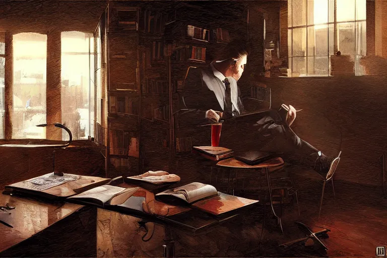 Prompt: a desk, books, a cup of coffee, computer, hyper realistic style, intricate details, digital painting, dramatic cinematic lighting by phil hale