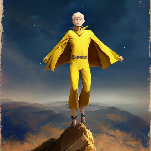 Prompt: blonde boy with bright yellow eyes wearing a brown cape and flying in t pose, space background, greg rutkowski