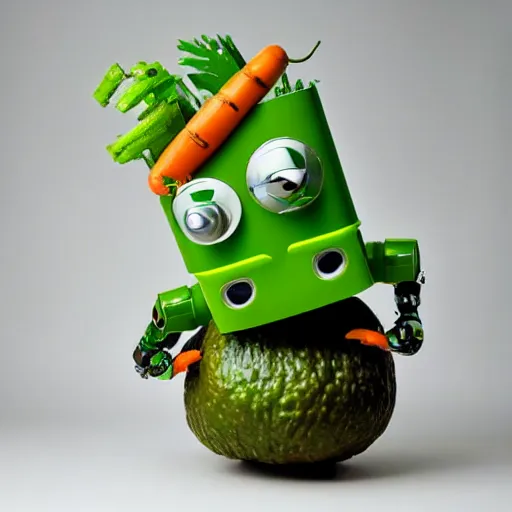 Prompt: robot made of vegetables with big avocado head and a carrot sword, made in abyss style