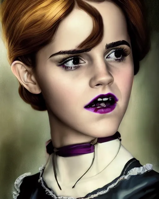 Image similar to full shot portrait painting of very beautiful emma watson standing as black violet maiden in stockings corset noir streets, character design by mark ryden and pixar, ue 5, daz, hyperrealistic, octane render, cosplay, rpg portrait, dynamic lighting, intricate detail, cinematic
