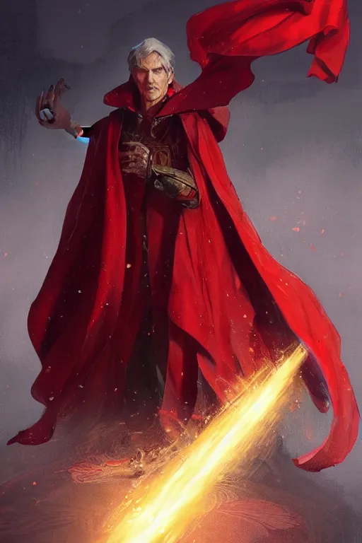 Prompt: male sorcerer, wearing a red cloak, highly detailed, digital painting, artstation, concept art, smooth, sharp focus, illustration, art by artgerm and greg rutkowski and alphonse mucha and andrei riabovitchev