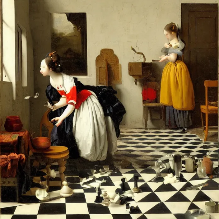 Image similar to colored painting, pieter de hooch, trending on artstation, highly detailed, black and white checkerboard floor, gigantic porcelain head statue, intricate, elegant