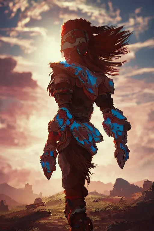 Image similar to combination suit armor aloy horizon forbidden west horizon zero dawn radiating a glowing aura global illumination ray tracing hdr fanart arstation by ian pesty and alena aenami artworks in 4 k tribal robot ninja mask helmet backpack