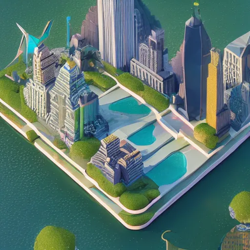 Prompt: new york city on a floating island in the sky, low poly art, isometric art, 3d render, ray tracing, waterfall, high detail, artstation, concept art, behance, smooth, sharp focus, ethereal lighting