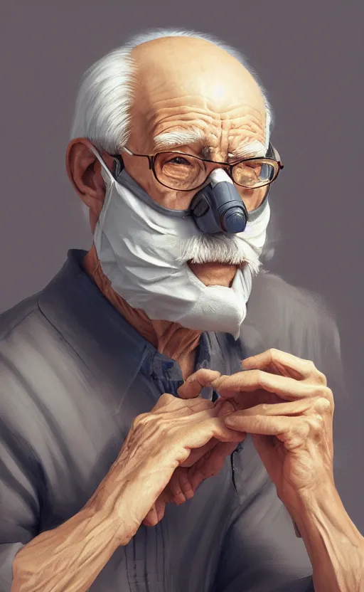 Image similar to old man doing with mask, do what we can, then leave it to god, non fiction, baroque, confident, consistency, stability, cohesion, elegant, highly detailed, 8 k uhd, digital painting, artstation, concept art, matte, sharp focus, illustration, art by artgerm and paul lung and samuel silva