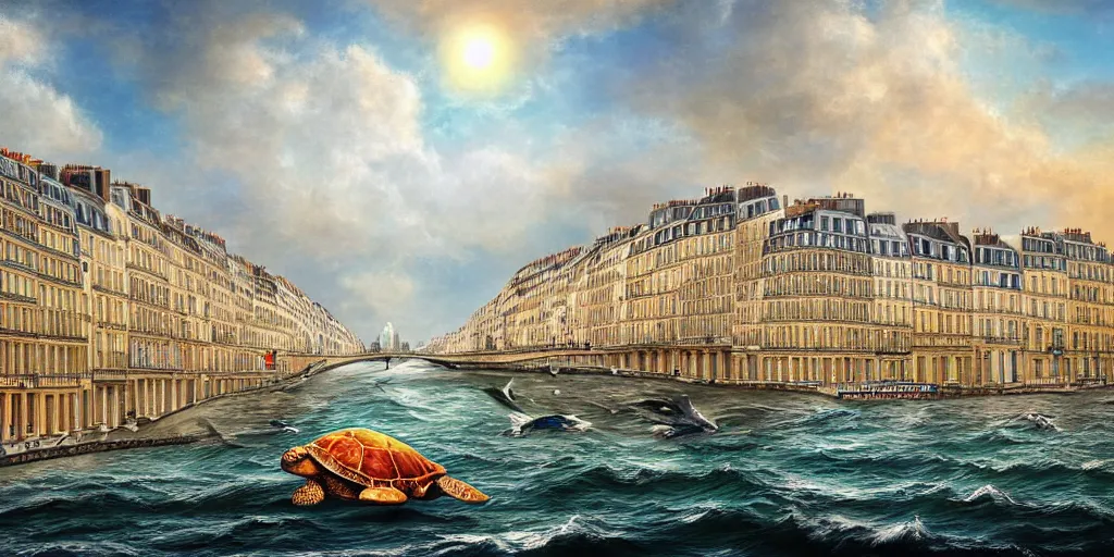 Image similar to master piece stunning digital painting of a parisian small city contained on the top of a giant sea turtle