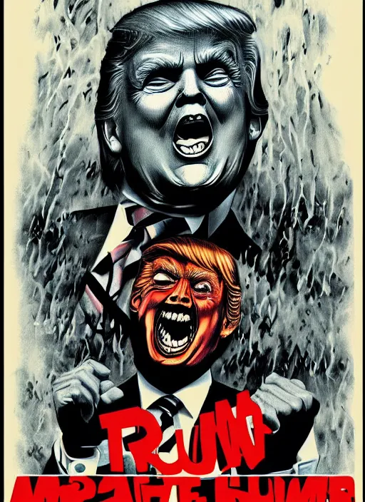 Image similar to Donald Trump's true form on a 1980s horror movie poster , vintage 80s print, detailed, scary, horror, screen print, trending on artstation