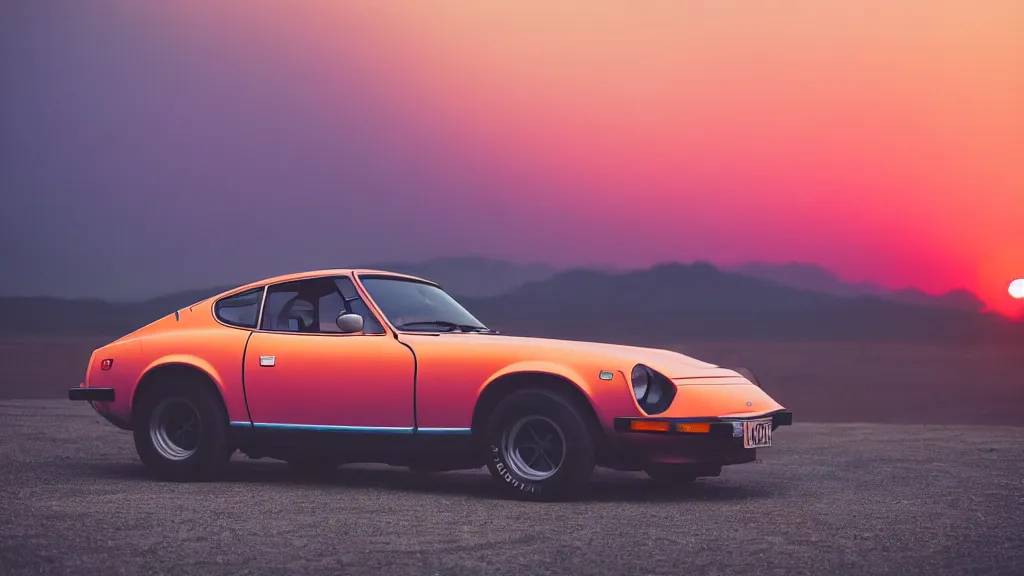 Prompt: neon synthwave 1 9 7 5 datsun 2 6 0 z at sunset, 8 k. filling of the view