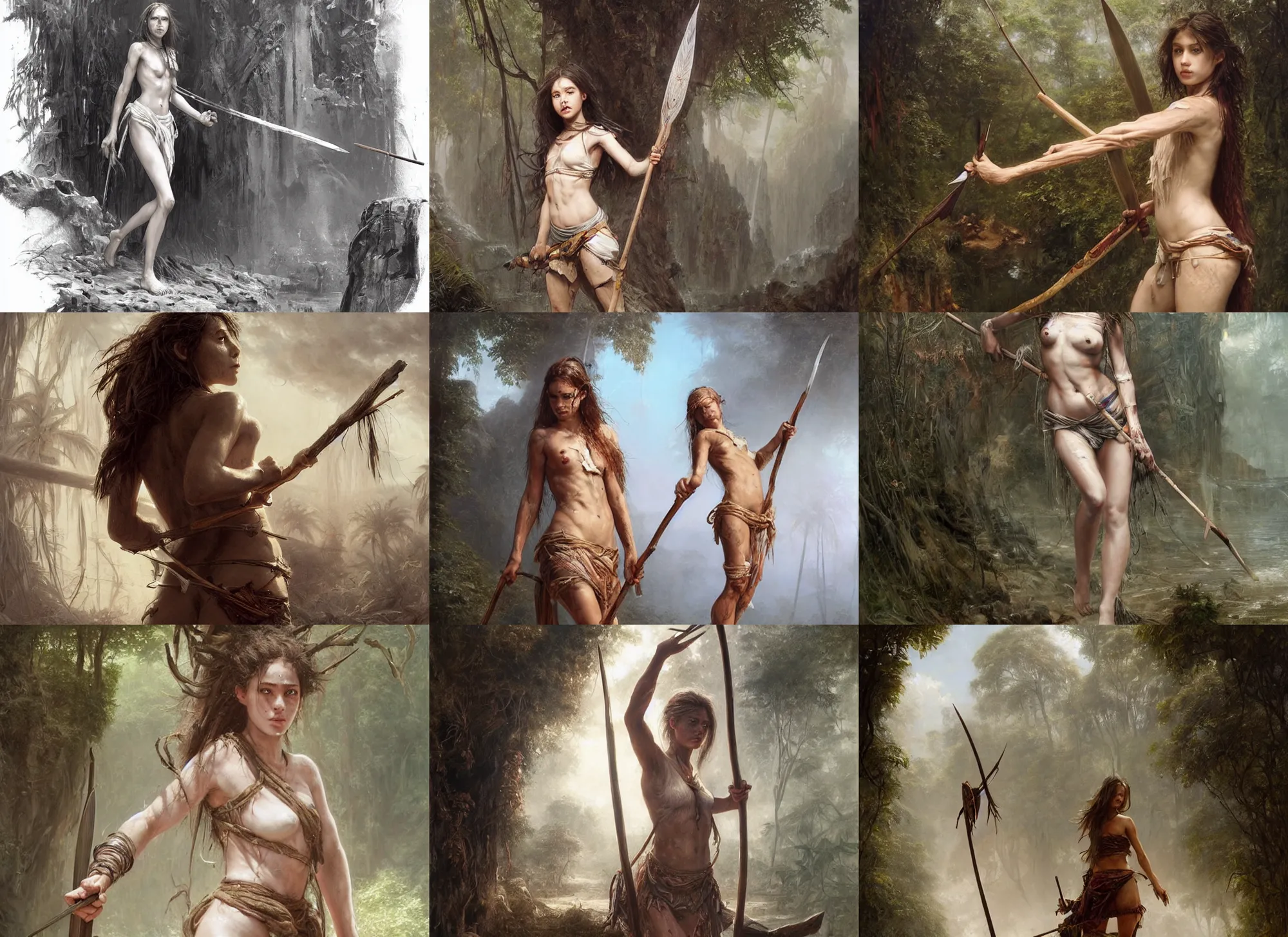 Prompt: artstation concept of a beautiful adventurous girl holding a spear, sweaty skin, symmetrical face, high body detail, ripped up white garment, jungle background, hyperdetailed, artstation trending, world renowned artists, worth1000.com, cgsociety, by greg rutkowski, by Gustave Doré, by Marco Turini, by Artgerm, Deviantart in the style of Tom Bagshaw, Cedric Peyravernay, Peter Mohrbacher