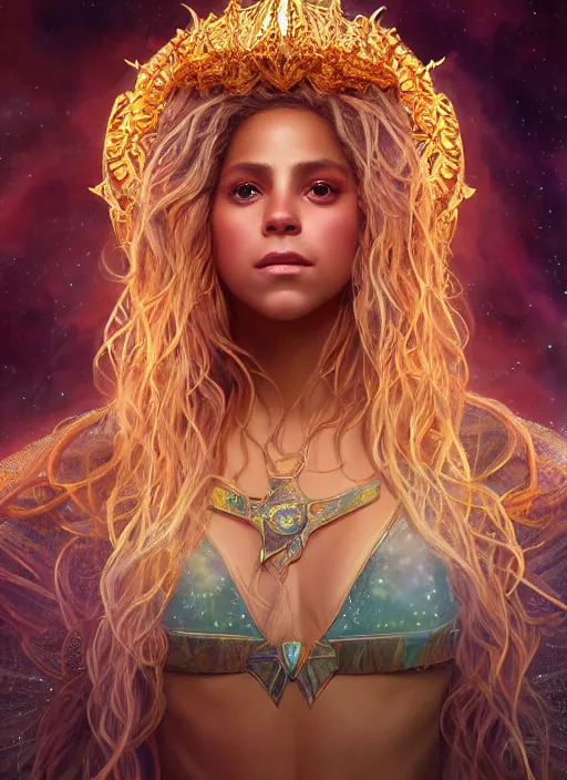 Image similar to cosmic portrait of shakira as queen of the universe, hyper detailed, digital art, cinematic lighting, studio quality, smooth render, unreal engine 5, octane rendered, art style by klimt and nixeu and ian sprigger and wlop and krenz cushart.