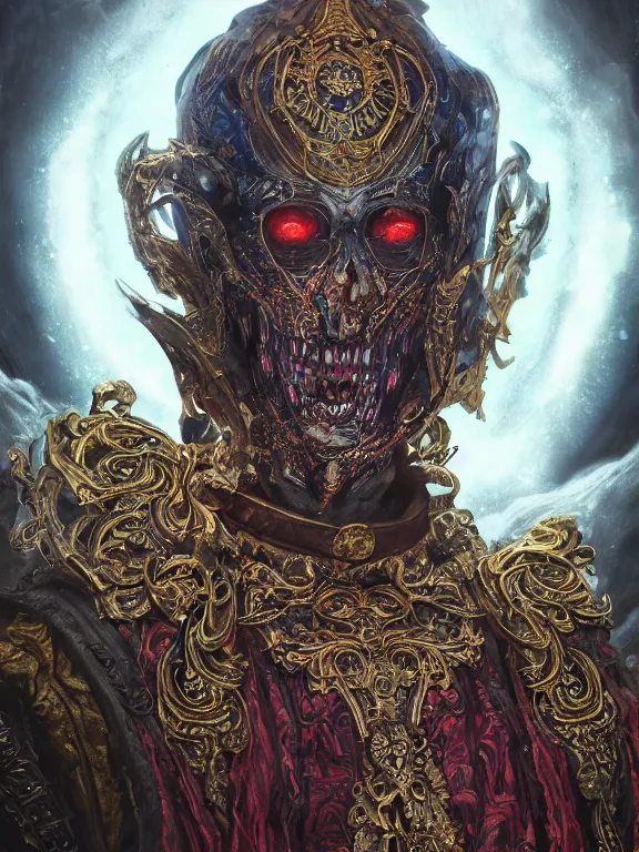 Image similar to portrait art of 8k ultra realistic lich wizard , detailed intricate ornate robe, full of colour, cinematic lighting, trending on artstation, 4k, hyperrealistic, focused, extreme details,unreal engine 5, cinematic, masterpiece, art by ayami kojima, giger