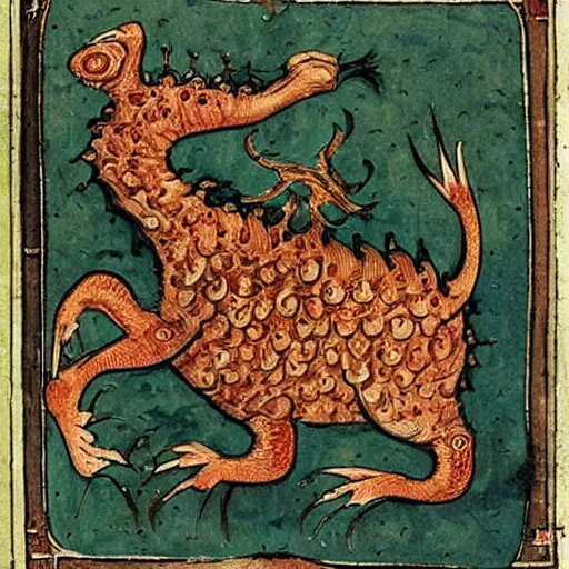 Image similar to medieval bestiary filled with uncanny grotesque beasts and hybrids