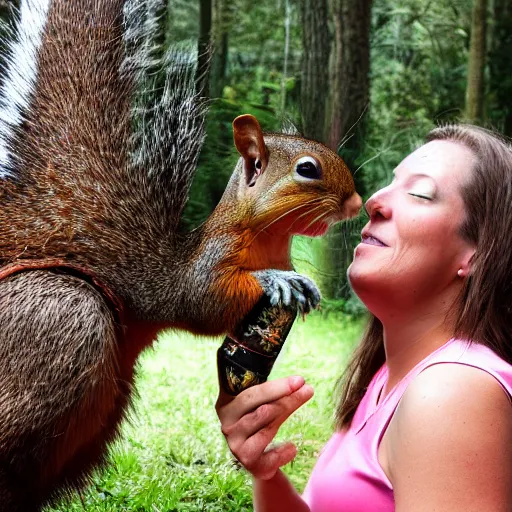 Prompt: a woman giving a nut to a giant squirrel. the squirrel is taller than the woman. 1 8 mm photo