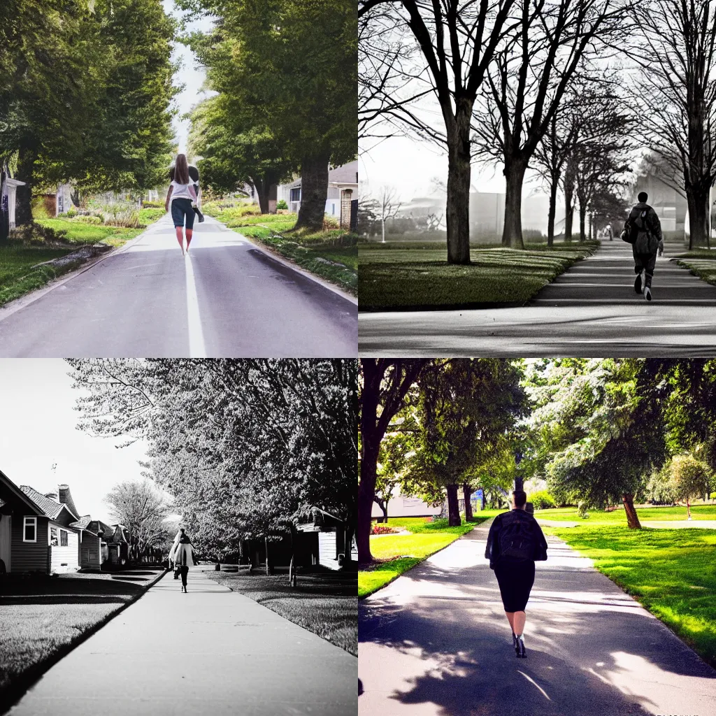 Prompt: award winning photo of someone walking in the suburbs