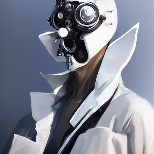 Image similar to full body portrait of a character in sleek clothes, in a futuristic flowing white tailcoat, wearing a white insectoid mask with many lenses for eyes, many eyes, dramatic lighting, illustration by Greg rutkowski, yoji shinkawa, 4k, digital art, concept art, trending on artstation