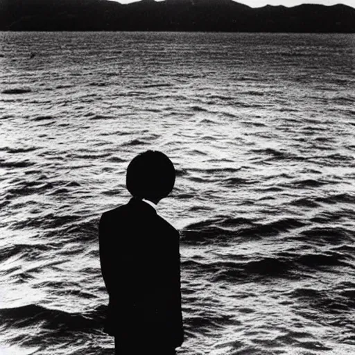 Image similar to japanese man with long hair in a suit standing in the ocean looking at the camera, wide shot, far!!!!!!! away, zoomed out, distance!!!!!!! shot, sunset, centered!!!!!!!!!!, album cover, tatsuro yamashita, 1980, ride on time