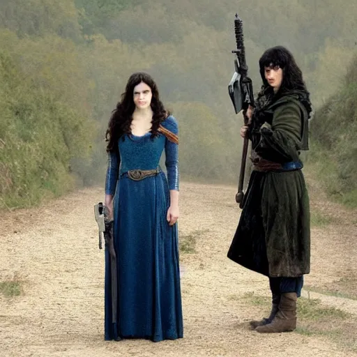 Image similar to Morgana from Merlin (2008) holding an AK47