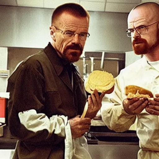 Image similar to walter white and jesse pinkman eating hamburger