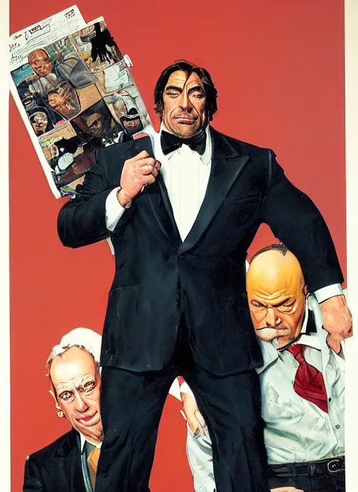 Image similar to full body and head portrait of javier bardem as kingpin, dynamic action, painted by norman rockwell and phil hale and greg staples and tom lovell and frank schoonover and jack kirby