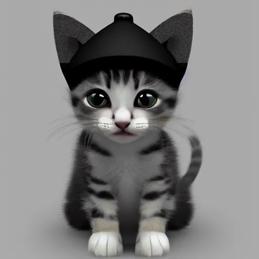 Prompt: a low polygon render of a kitten wearing a small hat