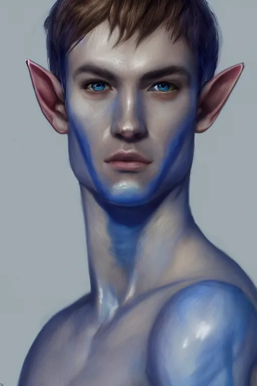 Image similar to A beautiful and complex half body portrait of a male elf, 4k hd wallpaper, Raphaelite, Trending on artstation, blue color scheme