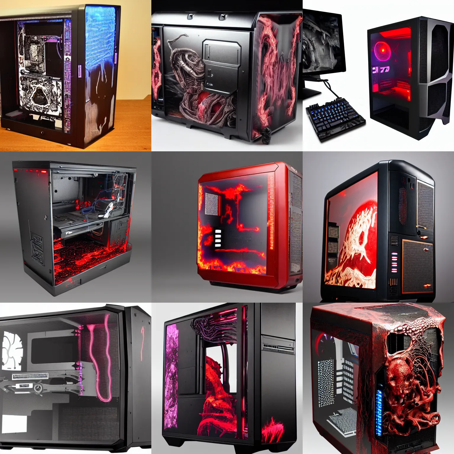 Prompt: gaming pc case made by giger, zdzislaw beksinski, made of pulsating flesh, blood, bone, with all the normal pc ports, eating a rat