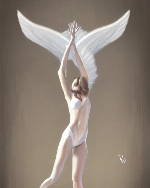 Image similar to woman turning into an angel levitating off the ground, by randy vargas, art station, smooth, focus