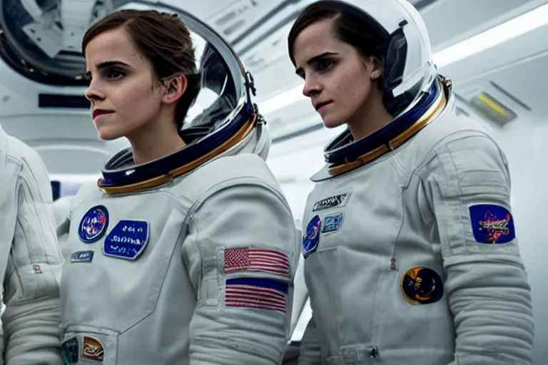 Image similar to promotional image of Emma Watson as an astronaut in Interstellar (2014 film), detailed face, movie still, promotional image, imax 70 mm footage