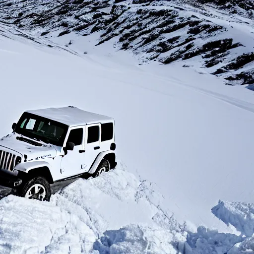 Image similar to white jeep wrangler driving up steep snowy mountain on edge of a cornice, high quality digital art, dramatic lighting, cinematic