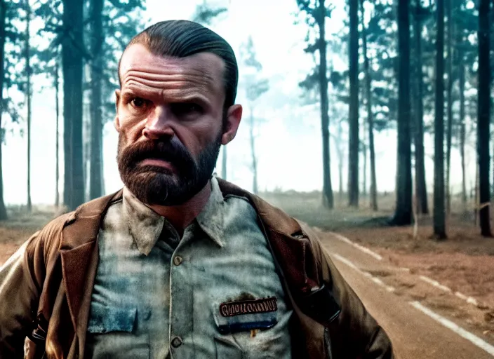 Image similar to film still of!!!!! john dunbar!!!!! as jim hopper in the upside down in stranger things, 4 k