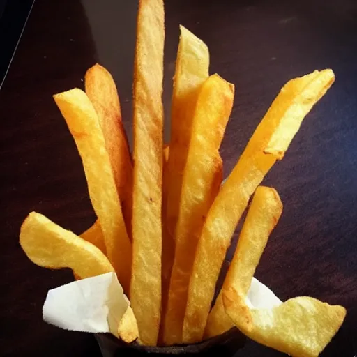 Image similar to photo of [ a single salted french fry chip ] shaped like that looks like stephen fry as a pixar character hybrid intercross mix cinematic lighting