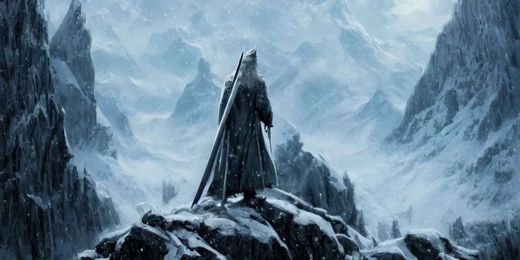 Prompt: a powerful wizard, gandalf in lord of the rings, casting a spell on a snowy mountain top, greg rutkowski, 8 k, shallow depth of field, intricate detail, concept art,