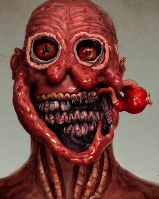 Image similar to Haunting horrifying detailed painting of a man made of sausages, rotten teeth and glowing red eyes, black eye shadow, hyper detailed, trending on Artstation