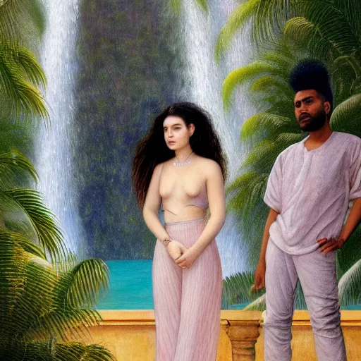 Image similar to a ultradetailed beautiful painting of lorde, frank ocean, the weeknd and lana del rey standing in front of the diamonds waterfall in the amazonas palace balustrade designed by jules bastien - lepage, tarsila do amaral, frank weston and gustave baumann, beach, trending on artstation, mediterranean, palm trees, sharp focus, soft light, 8 k 4 k