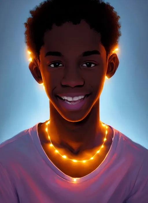 Image similar to portrait of teenage chuck clayton, black teenage boy, very short curly hair, very short hair, square jaw, slight excited smile, reading archie comic book, intricate, elegant, glowing lights, highly detailed, digital painting, artstation, concept art, smooth, sharp focus, illustration, art by wlop, mars ravelo and greg rutkowski