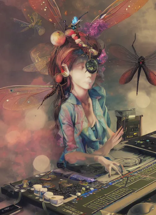 Image similar to surreal gouache painting, by yoshitaka amano, by ruan jia, by Conrad roset, by good smile company, detailed anime 3d render of a medicine pills Surrounded by a magical dragonfly and a big DJ Mixer, deck, portrait, cgsociety, artstation, rococo mechanical and Digital and electronic, dieselpunk atmosphere