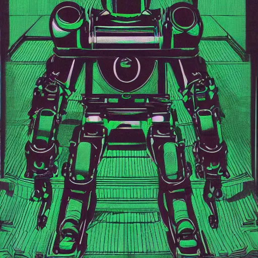 Prompt: duotone black and green portrait of a giant mechanical goliath chasing natasha karsavina