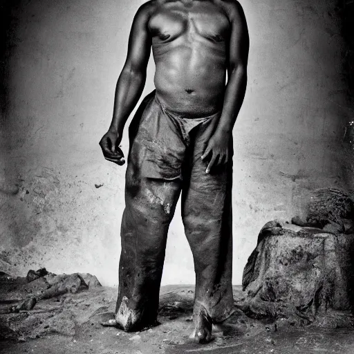Prompt: black and white photo, portrait of Congo mineworker by richard avedon, realistic, Leica, medium format, cinematic lighting, parallax, high resolution,