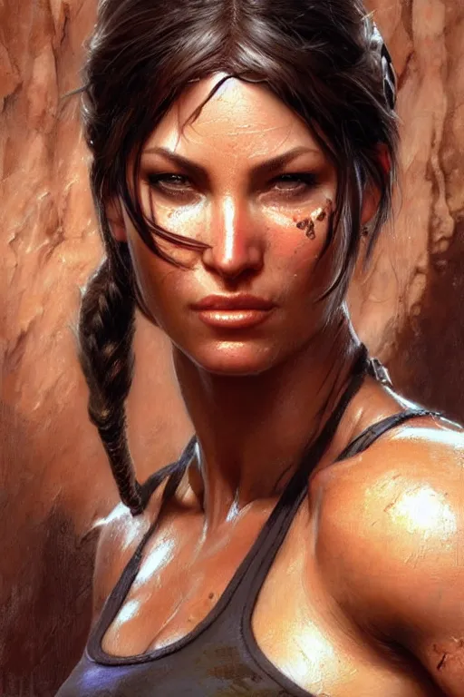 Image similar to muscular sweat lara croft, face close up, highly detailed painting by gaston bussiere, craig mullins, j. c. leyendecker 8 k