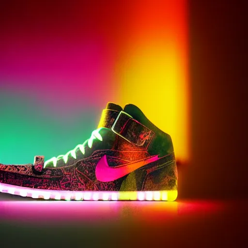 Prompt: extremely detailed realistic advertsing photograph of a ciberpunk mayan sneakers with neon lights by nike, bokeh, product shot view in studio, ArtStation, CGSociety