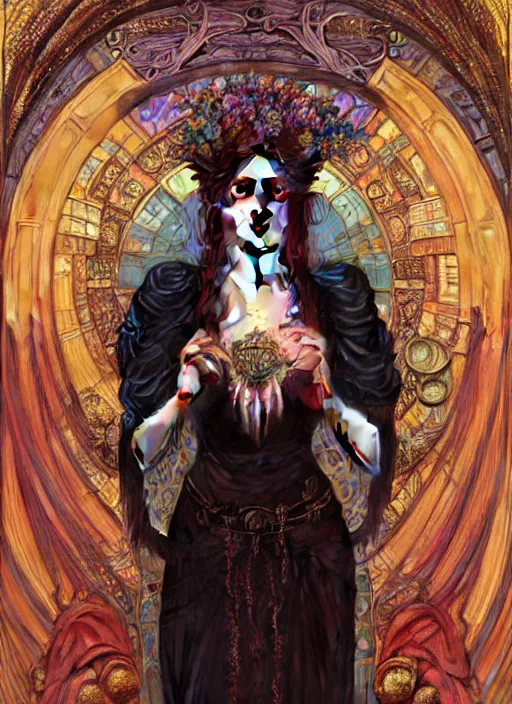 Image similar to hyper detailed masterpiece vampire girl duchess by donato giancola and tom bagshaw, face by artgerm and edmund leighton, and alphonse mucha, trending on artstation, colorful, psychedelic aesthetic, ornate, background by gustav klimt, 8 k, black gothic, majestic, volumetric lighting, porcelain skin, concept art, sharp focus