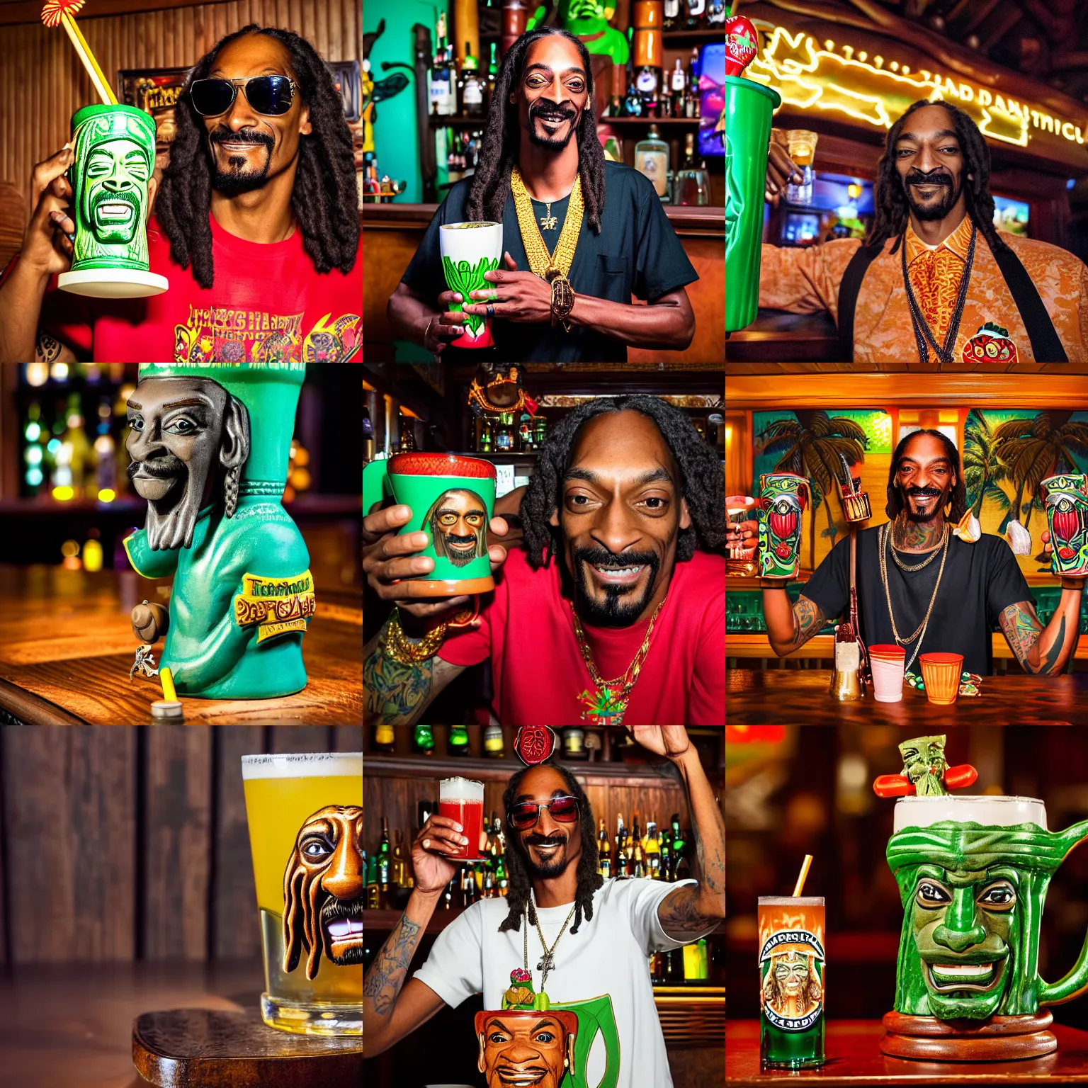 Prompt: a closeup photorealistic photograph of happy snoop dogg at trader vic's bar holding up a trader vic's tiki mug featuring the face of snoop dogg. tiki culture. brightly lit scene. this 4 k hd image is trending on artstation, featured on behance, well - rendered, extra crisp, features intricate detail, epic composition and the style of unreal engine.