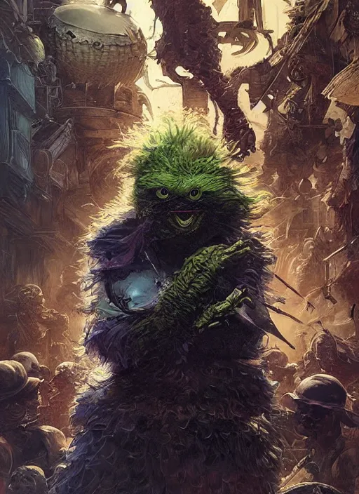 Prompt: Portrait Oscar the Grouch, marvel comics, dark, intricate, highly detailed, smooth, artstation, digital illustration by Ruan Jia and Mandy Jurgens and Artgerm and Wayne Barlowe and Greg Rutkowski and Frank Frazetta