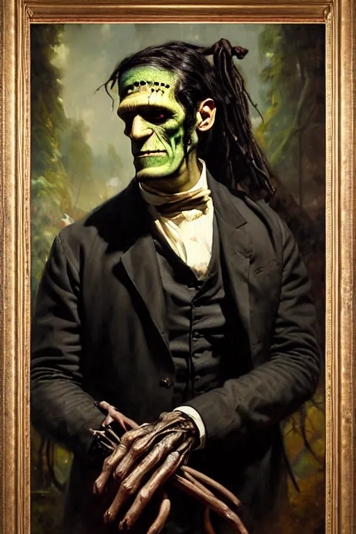 Prompt: photograph imax and solomon joseph solomon and richard schmid and jeremy lipking victorian loose genre loose painting full length portrait painting of frankenstein